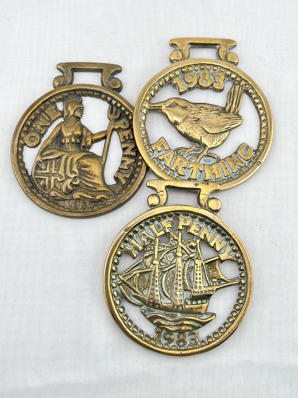 Brass Horse Medallion Lot of 3 Vintage English Coin Half Penny Farthing Harness